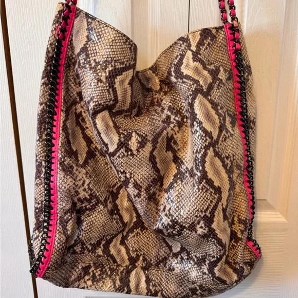 Poppie Snake Print Shoulder Hobo Bag Pink and Graphite Color Accents Chain Large - Picture 6 of 12